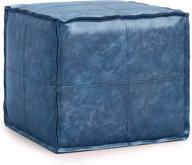 simplihome brody square pouf, footstool with distressed blue faux leather upholstery, ideal for living room, bedroom, and kids room, transitional modern design, 18 inch logo