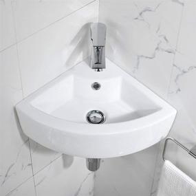 img 2 attached to Bokaiya Small Wall Mount Corner Bathroom Sink and Faucet Combo with Overflow - Triangle White Porcelain Ceramic Wall Mount Mini Vanity Space Bathroom Sink, Brushed Nickel Faucet and Drain Combo