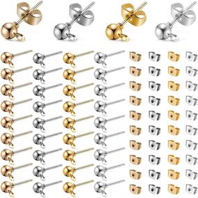 img 4 attached to 200 Pieces Ball Post Earring Studs & 240 Pieces Butterfly Earring Backs | Round Ball Ear Pin with Loop | Jewelry Dangle Earring Making | 4 Color Options (4 mm Size)