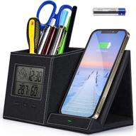 🖊️ multifunctional pen holder with wireless charger, digital thermometer and humidity gauge – ultimate desk organizer for home and office with extra storage (battery included) логотип