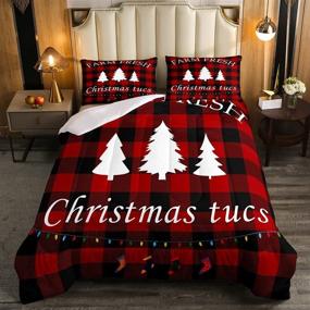 img 1 attached to Full Size Christmas Tree Bedding Set, Farmhouse Jungle Silhouette Comforter Set for Boys 🎄 and Girls, Black and Red Grid Check Lattice Duvet Bedding Comforters for Home Decor, Teenager Gifts