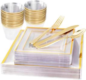 img 4 attached to WELLIFE 150-Piece Gold Plastic Square Plates, Disposable 🍽️ Gold Silverware and Cups Set, Including 25 Gold Silverware Sets