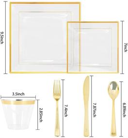 img 3 attached to WELLIFE 150-Piece Gold Plastic Square Plates, Disposable 🍽️ Gold Silverware and Cups Set, Including 25 Gold Silverware Sets