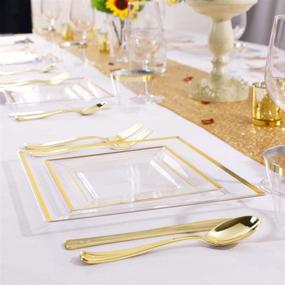 img 2 attached to WELLIFE 150-Piece Gold Plastic Square Plates, Disposable 🍽️ Gold Silverware and Cups Set, Including 25 Gold Silverware Sets