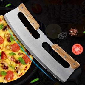 img 1 attached to 14 Inch Stainless Steel Pizza Cutter Rocker with Double Wooden Handle – Upgraded Mezzaluna Chopper Knife, Sharp Pizza Slicer with Blade Cover