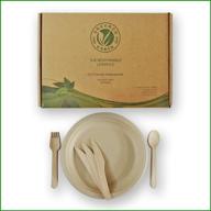 🌿 50 guest pack of eco-friendly tableware - compostable sugarcane fiber & wooden microvavable cutlery set - biodegradable disposable combo for outdoor events, bbqs, and parties (natural) logo