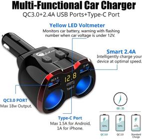 img 2 attached to 🔌 Разветвитель прикуривателя с быстрым зарядным устройством QC 3.0, множественный выход питания 12В/24В 80Вт DC с вольтметром LED, переключателем и двумя портами USB - адаптер для автомобильной зарядки типа C для iPhone, GPS, видеорегистратора, iPad, Android, Samsung - автомобильная зарядка с портом USB C