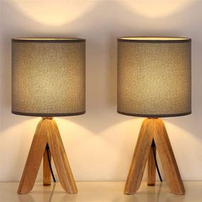 img 3 attached to Haitral Set of 2 Small Table Lamps - Wooden Tripod Nightstand Lamps for Bedroom, Living Room, Office, Home with Grey Fabric Shade