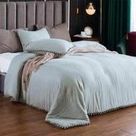 boho sage comforter set queen with pompom fringe - lightweight bedding for cozy winter, super soft stone-washed brushed microfiber inner fill logo