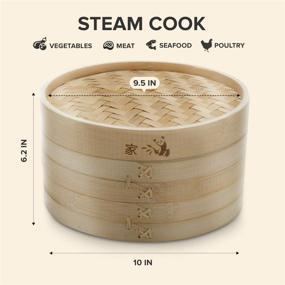 img 2 attached to 🎍 10-inch Bamboo Steamer Basket by Prime Home Direct - Dumpling Maker, Vegetable & Food Steamer, 2 Tier Steam Basket - Includes 2 Sets of Chopsticks, 1 Sauce Dish & 50 Liners - Multi-functional Steamer Basket