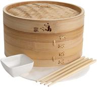 🎍 10-inch bamboo steamer basket by prime home direct - dumpling maker, vegetable & food steamer, 2 tier steam basket - includes 2 sets of chopsticks, 1 sauce dish & 50 liners - multi-functional steamer basket logo