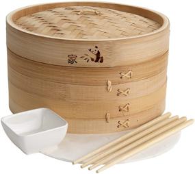 img 3 attached to 🎍 10-inch Bamboo Steamer Basket by Prime Home Direct - Dumpling Maker, Vegetable & Food Steamer, 2 Tier Steam Basket - Includes 2 Sets of Chopsticks, 1 Sauce Dish & 50 Liners - Multi-functional Steamer Basket