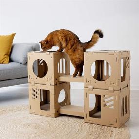 img 3 attached to 🏠 Navaris Modular Cardboard Cat House: DIY Corrugated Cardboard Play Tower Condo for Small Cats, Kittens, Rabbits - 4 Cubes with 2 Bridges