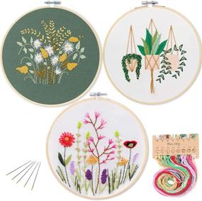 img 4 attached to Embroidery Starter Kit: 3 Pack Full Range Stamped Pattern Set with Fabric, Hoops, Color Threads, and Tools for Floral Plants Design