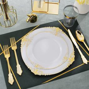 img 3 attached to 🍽️ Nervure 350PCS White and Gold Plastic Plates & Pre Rolled Napkins with Plastic Cutlery for 50 Guests - Gold Disposable Plates, 150 Gold Plastic Silverware, 50 Cups, 50 Napkins for Parties & Weddings