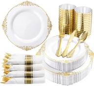 🍽️ nervure 350pcs white and gold plastic plates & pre rolled napkins with plastic cutlery for 50 guests - gold disposable plates, 150 gold plastic silverware, 50 cups, 50 napkins for parties & weddings logo