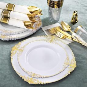 img 2 attached to 🍽️ Nervure 350PCS White and Gold Plastic Plates & Pre Rolled Napkins with Plastic Cutlery for 50 Guests - Gold Disposable Plates, 150 Gold Plastic Silverware, 50 Cups, 50 Napkins for Parties & Weddings