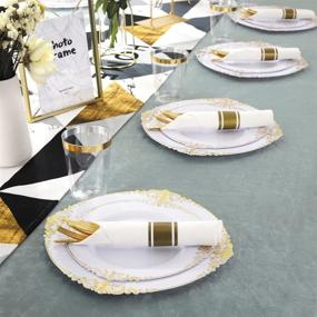 img 1 attached to 🍽️ Nervure 350PCS White and Gold Plastic Plates & Pre Rolled Napkins with Plastic Cutlery for 50 Guests - Gold Disposable Plates, 150 Gold Plastic Silverware, 50 Cups, 50 Napkins for Parties & Weddings