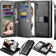 njjex wallet case for iphone xs max - pu leather, 9 card slots, id credit folio flip, detachable kickstand, magnetic phone cover & lanyard - compatible with iphone xs max 6.5'' 2018 - black logo