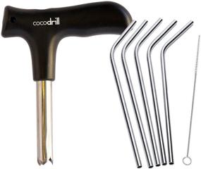 img 4 attached to CocoDrill Coconut Opener Tool + 5 Reusable Straws - Combo Pack: Stainless Steel Drinking Set, 1 Metal Straw + Cleaner - Eco Friendly, Safe, Non-Toxic