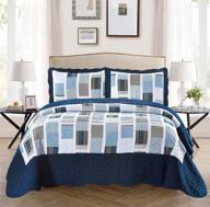 oversized reversible quilted bedspread set - mk collection 3pc - 🛌 navy blue white gray striped squares - king/california king - brand new logo