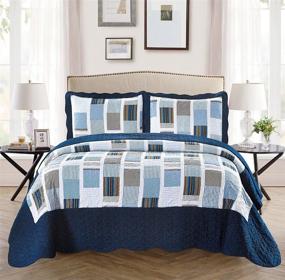 img 1 attached to Oversized Reversible Quilted Bedspread Set - Mk Collection 3pc - 🛌 Navy Blue White Gray Striped Squares - King/California King - Brand New