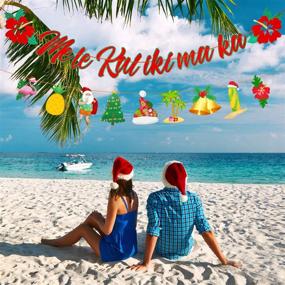 img 3 attached to 🌺 Баннер Mele Kalikimaka: сверкающие красные цветы гибискуса для гавайских рождественских украшений - 2 штуки.