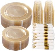 dayammi 350-piece gold glitter dinnerware set for christmas - 50 dinner plates, 50 dessert plates, 🍽️ 50 per rolled napkins with gold cutlery, 50 disposable 9 oz cups - ideal for 50 guests logo