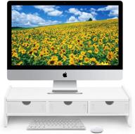 🖥️ white monitor stand riser with 3 organizer drawers - computer laptop riser shelf (19.5"l x 7.5"w x 4.7"h) logo