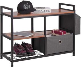 img 3 attached to 🐆 Leopard Shoe Rack Bench: 2 Tier Entryway Organizer with Folding Drawer - Rustic Brown
