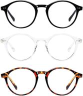 👓 3 pack blue light blocking glasses, round computer eyeglasses for men and women, anti eyestrain, uv protection, gaming eyewear (black/transparent/leopard frames) logo