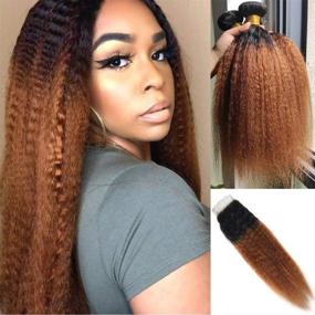 img 4 attached to High-Quality Ombre Kinky Straight Bundles: Unprocessed Human Hair Weave - Brazilian Virgin Remy Sew in Hair Extensions T1B/30 Color (18 20 22+16 Closure)