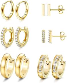 img 4 attached to 👂 JOERICA 6 Pair Hoop Huggie Earrings for Women Girls - Minimalist Cuff Mini Bar Stud Earrings in Gold Silver with Cubic Zirconia - Small Ear Piercing Set