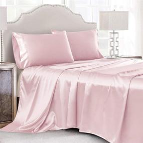 img 4 attached to 🛏️ Cobedzy 4 Piece Blush Pink Silk Satin Sheets Set - Queen Size Bedding with Deep Pocket Fitted Sheet, Flat Sheet, and 2 Pillowcases