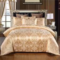 luxurious reversible jacquard satin duvet cover set with zipper closure - ultra soft queen size double brushed microfiber - silk-like floral bedding comforter covers - includes 2 pillow shams - gold logo