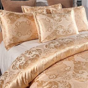 img 1 attached to Luxurious Reversible Jacquard Satin Duvet Cover Set with Zipper Closure - Ultra Soft Queen Size Double Brushed Microfiber - Silk-like Floral Bedding Comforter Covers - Includes 2 Pillow Shams - Gold