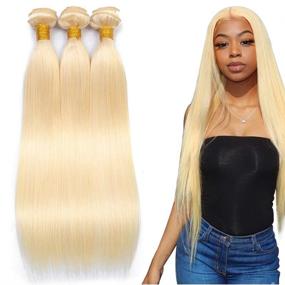 img 4 attached to 💇 9A Brazilian Straight Hair Bundles - 613 Blonde Virgin Human Hair Weave (14 16 18 Inches) - 3 Bundle Pack