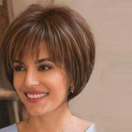 natural pixie cut synthetic wig with bangs - women's short brown hair wig enhanced with mixed blonde highlights logo