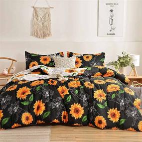 img 4 attached to 🌻 Nanko Queen Comforter Set 3pc - Black Sunflower Floral Leaf Reversible Bedding for Women