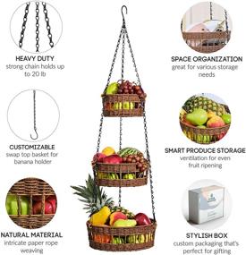 img 2 attached to 3-Tier Hanging Fruit Basket - Space-Saving Wicker Vegetable and Fruit Organizer with Macrame Hanging Baskets for Kitchen - Frees Up Countertop - Includes Banana Holder - Carries up to 20lb - Brown