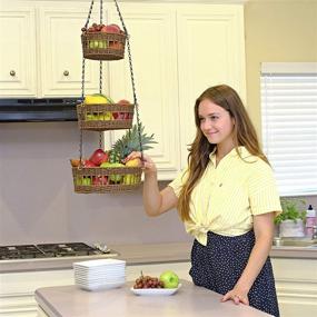 img 3 attached to 3-Tier Hanging Fruit Basket - Space-Saving Wicker Vegetable and Fruit Organizer with Macrame Hanging Baskets for Kitchen - Frees Up Countertop - Includes Banana Holder - Carries up to 20lb - Brown