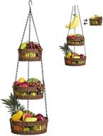 3-tier hanging fruit basket - space-saving wicker vegetable and fruit organizer with macrame hanging baskets for kitchen - frees up countertop - includes banana holder - carries up to 20lb - brown логотип