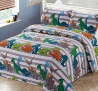 kids multi-color dinosaurs stripe quilt set - 3pc bedspread coverlet for full/queen size - grey, orange, white, green, blue logo