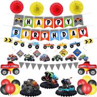 🚛 monster truck party supplies: monster truck birthday banner, triangle bunting, hanging swirls, truck shape balloons, multicolor balloons, truck honeycomb table decorations, paper fans logo
