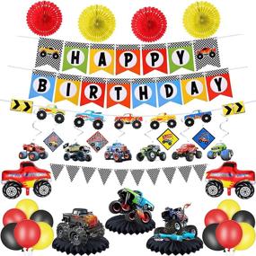 img 4 attached to 🚛 Monster Truck Party Supplies: Monster Truck Birthday Banner, Triangle Bunting, Hanging Swirls, Truck Shape Balloons, Multicolor Balloons, Truck Honeycomb Table Decorations, Paper Fans