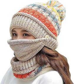 img 4 attached to 🧣 Warm Knitted Winter Hat Scarf Mask Set for Women - 3 in 1 Fleece Lined Beanies with Pompom