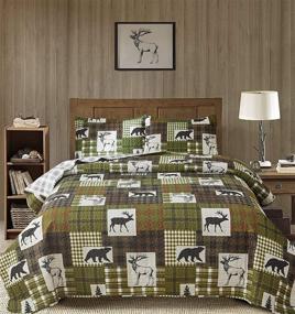 img 4 attached to 🐻 Rustic Queen Size Bear Plaid Bedding Quilt Set - 3Pcs Lightweight Bedspread and Reversible Coverlet in Dark Green with Deer Print Design - Including 1 Quilt and 2 Shams