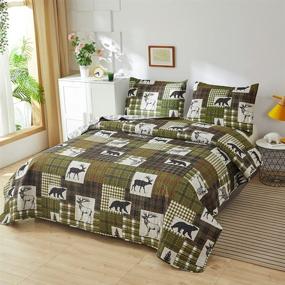 img 3 attached to 🐻 Rustic Queen Size Bear Plaid Bedding Quilt Set - 3Pcs Lightweight Bedspread and Reversible Coverlet in Dark Green with Deer Print Design - Including 1 Quilt and 2 Shams