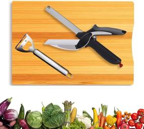 img 4 attached to 🔪 2-Pack Clever Cutter Chopper Kitchen Scissors Stainless Steel, Multi-Function Fruit Cutter and Vegetable Slicer with Built-in Cutting Board - Ideal Tool for Picnic, Includes Smiley Face Peeler