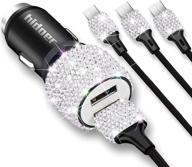 🚗 bling usb car charger 5v/2.1a white crystal decoration dual port fast adapter with 3.9ft nylon type c/micro usb 3-in-1 multi charging cable - ideal car interior accessories for women, iphone, ipad, android logo